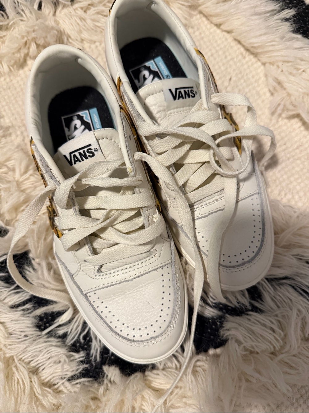 Vans White Leather Low Top Sneakers with Leopard Panels